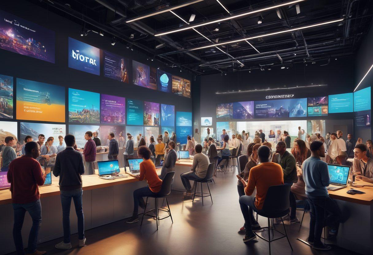 A vibrant and diverse group of people enthusiastically sharing innovative products and services in a modern community space. Brightly lit with futuristic gadgets and displays, showcasing technology and creativity. The atmosphere is lively with smiles and collaboration, symbolizing connection and discovery. Include a digital banner in the background with the text '6TGP Community'. super-realistic. vibrant colors. 3D.