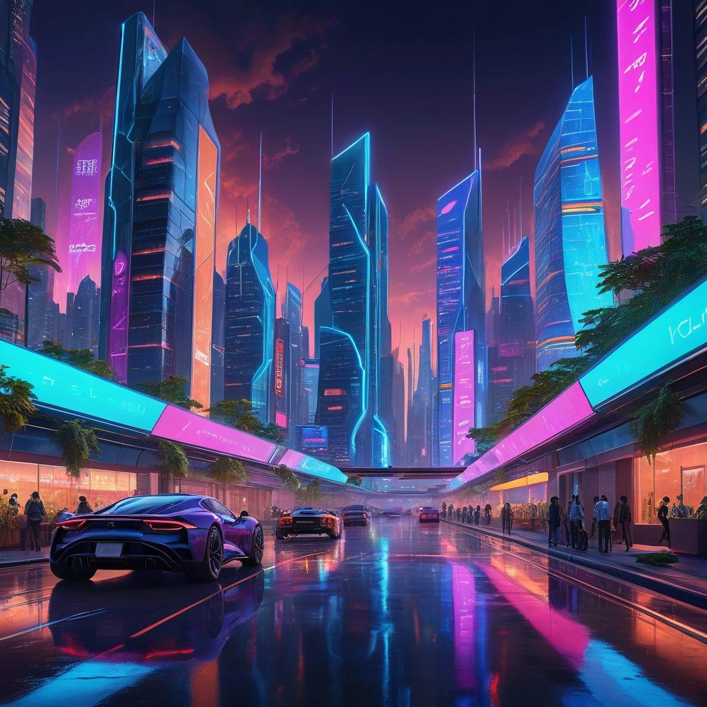 A futuristic cityscape illuminated by neon lights, showcasing the innovative 6TGP technology in action with drones and autonomous vehicles creating a seamless living experience. People interacting with holographic interfaces display business and connectivity. The skyline features modern architecture blending nature with technology, representing innovation and sustainability. Twilight scene that gives a sense of endless possibilities. cyberpunk. vibrant colors. super-realistic.